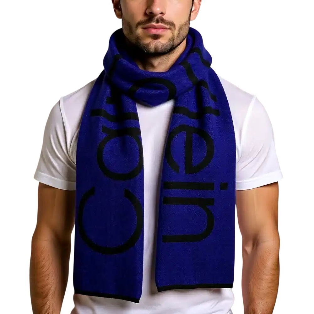Calvin Klein Royal Blue Knit Scarf Black Bold Logo Unisex Winter Accessory NWT
